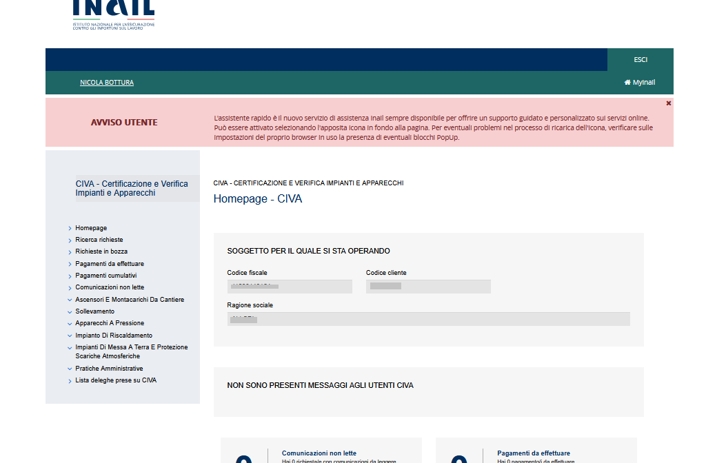 Come denunciare un impianto di messa a terra sul portale CIVA INAIL 50 si arriva alla home page CIVA