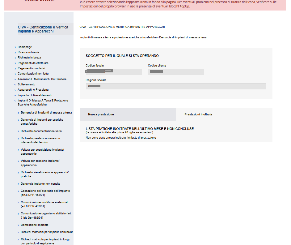 Come denunciare un impianto di messa a terra sul portale CIVA INAIL 55 nella home page CIVA cercare la denuncia dello impianto di messa a terra tra le varie pratiche